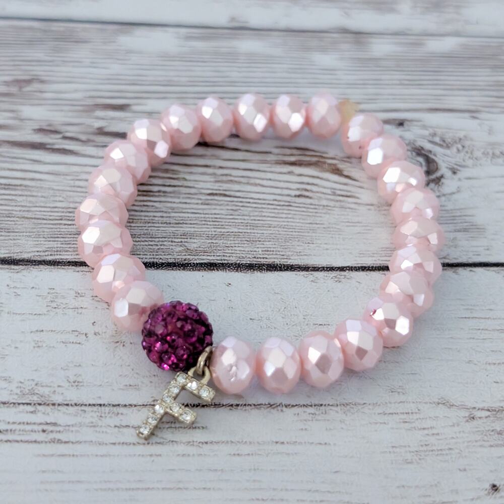 Shades of Pink Stretch Bracelet with F Initial Charm